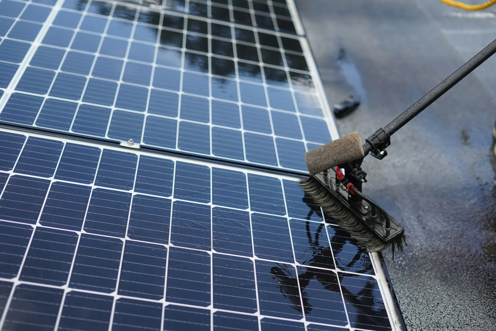 Cleaning solar panels with a long-handled soft brush and water