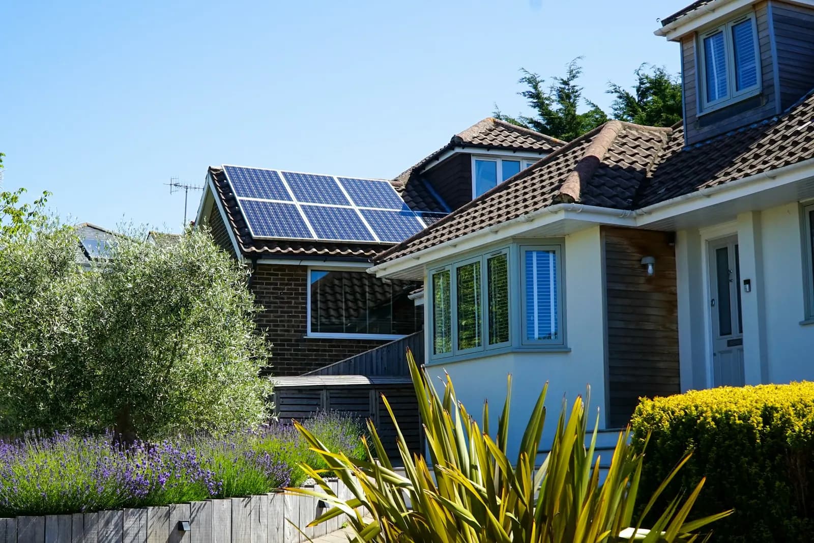 Suburban home with a full rooftop solar array